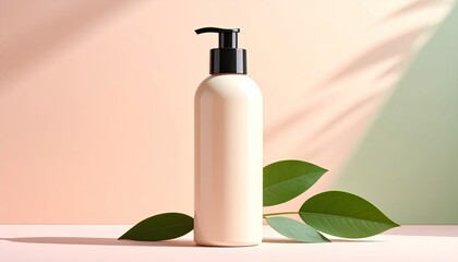 Minimalist skincare bottle with black pump dispenser and fresh green leaves on a pastel pink and mint green background with soft shadow patterns from palm leaves and bright natural sunlight