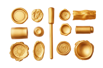 Collection of twelve golden wax seals isolated on transparent background. Set of gold wax seals isolated on white background.