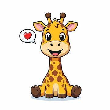 Cute cartoon giraffe character sitting with heart speech bubble, adorable animal illustration on white background for kids products design