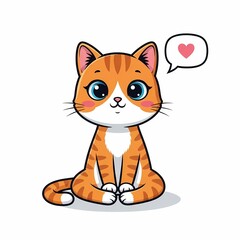 Obraz premium Adorable cartoon orange tabby kitten with big eyes sitting and smiling with speech bubble heart symbol on white background illustration
