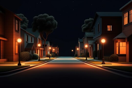 Neighborhood sidewalk night outdoors.