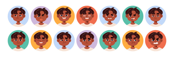Round avatars of black little boy set. Portraits of kid with different emotions in circle frame. Happy, sad, crying, angry and scared child face. Flat isolated vector illustrations on white background