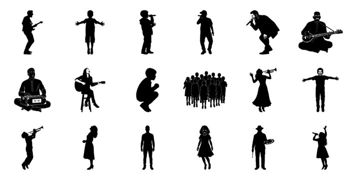 Diverse people performing and playing instruments silhouette