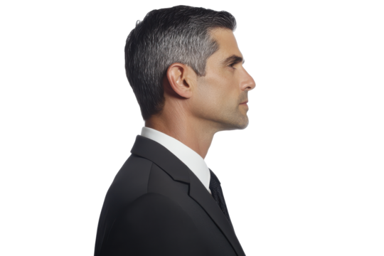 Profile of a mature businessman in a suit isolated on transparent background. Side profile of a man wearing a suit and tie isolated on white background.