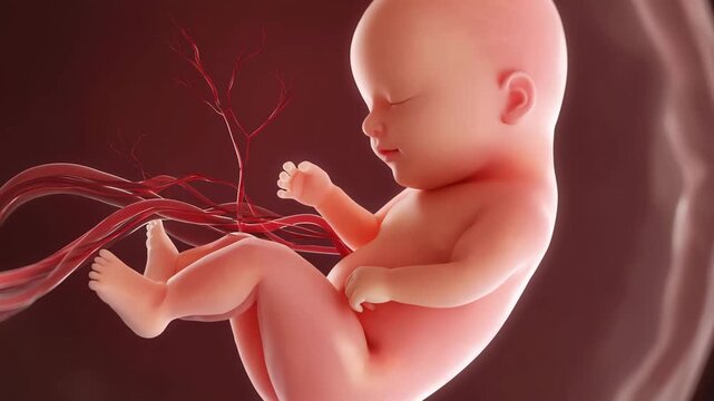A fetus inside a womb, Human fetus floats peacefully with umbilical cord in amnion sac. Pregnancy, Prenatal growth, The beginning of human life concept	
