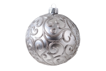 Ornate silver christmas ornament with floral design isolated on transparent background. Silver christmas ball decoration isolated on white background.