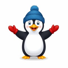 Fototapeta premium Cute cartoon penguin in blue winter hat and red mittens with happy expression, isolated on white background for festive holiday decorations