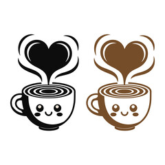 Minimal flat vector of a hot coffee cup Vector art of cute cartoon coffee cups with heart shaped steam, one black and white and one brown, , perfect for cafe or love themed designs