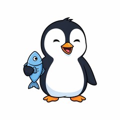Fototapeta premium Cute cartoon penguin character holding a blue fish with happy expression on white background, ideal for greeting cards and children's content