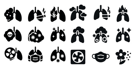 Fototapeta premium Lung health icons set – silhouette, solid, respiratory and medical care symbols