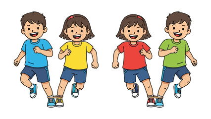 Energetic Children Running: A lively illustration captures four young children, each clad in vibrant attire, joyfully engaged in a running activity.