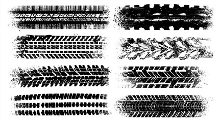 Collection of diverse black tire tracks footprints and marks isolated on a white background in vector format