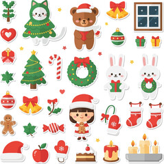 An extensive and diverse set of cute Christmas-themed stickers and icons with a white outline. Features a girl in a Santa outfit holding a gingerbread man, a cat in a Christmas tree costume, a bear,