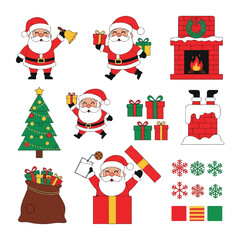  A comprehensive set of cheerful cartoon Christmas elements centered around Santa Claus. Includes Santa ringing a bell, carrying gifts, a Christmas tree, a decorated fireplace, a chimney, various