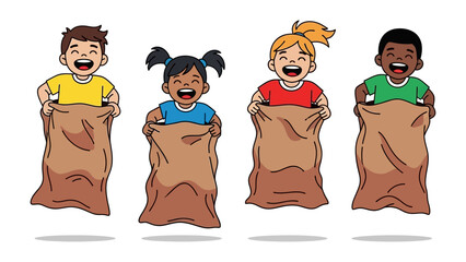 Sack Race Fun: Children of diverse background participate in a joyful sack race competition, showing happiness and teamwork, and embodying the essence of playful childhood.