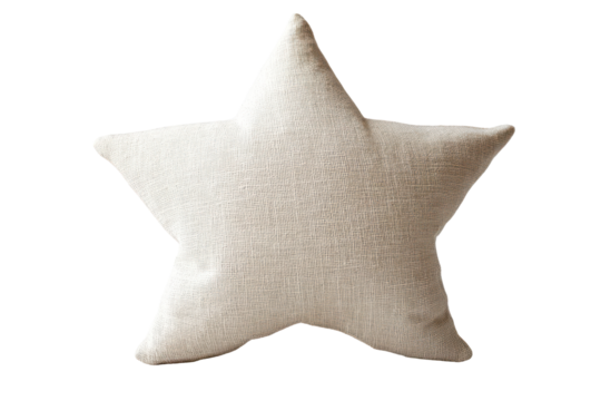 Textured white star shaped pillow isolated on transparent background. Star decorative pillow isolated on white background.