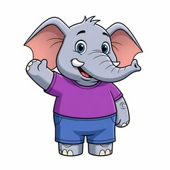 Obraz premium Cute cartoon elephant character in purple shirt and blue shorts waving cheerfully, perfect for children's illustrations and animations