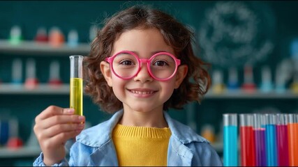 Young girl smiling while showing a test tube filled with yellow liquid during a science activity. Promoting curiosity, education, and engagement in STEM for children, especially girls. - Powered by Adobe