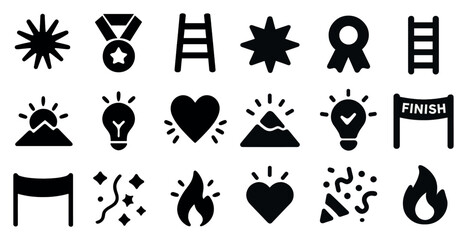 Achievement and success silhouette icons set – medals, trophies, awards symbols