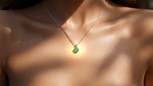 A vibrant emerald pendant necklace gracefully rests on the sunlit skin of a woman.