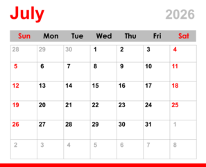 July calendar 2026. Monthly calendar layout for July 2026. July calendar for 2026 isolated on transparent background.