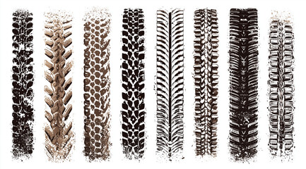 Collection of diverse black tire tracks footprints and marks isolated on a white background in vector format