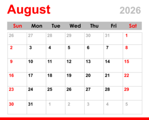 Monthly calendar layout for August 2026. August 2026 calendar. August calendar for 2026 isolated on transparent background. 