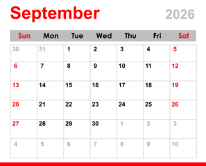 September 2026 calendar. Monthly calendar layout for September 2026. September calendar for 2026 isolated on transparent background.