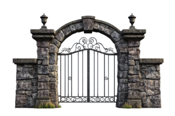 Rustic stone archway gate with lanterns isolated on transparent background. Stone arch gate isolated on white background.