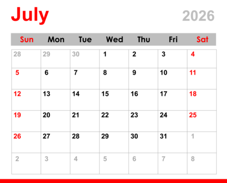 July calendar 2026. Monthly calendar layout for July 2026. July calendar for 2026 isolated on transparent background. 