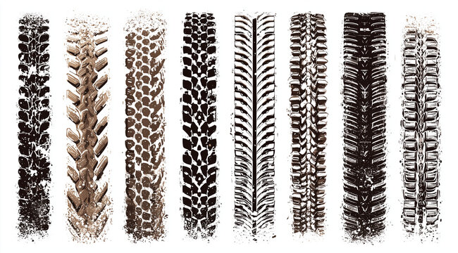 Collection of diverse black tire tracks footprints and marks isolated on a white background in vector format