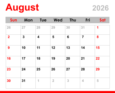 Monthly calendar layout for August 2026. August 2026 calendar. August calendar for 2026 isolated on transparent background.  - Powered by Adobe