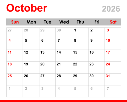 October 2026 calendar. Monthly calendar layout for October 2026. October calendar for 2026 isolated on transparent background.  - Powered by Adobe