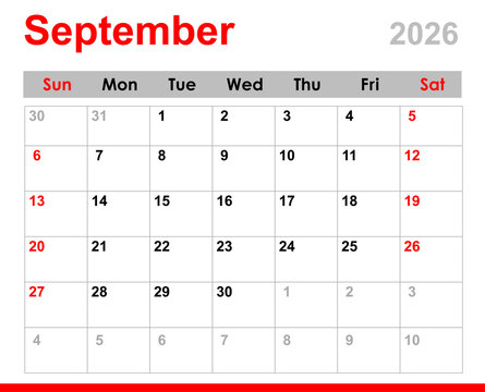 September 2026 calendar. Monthly calendar layout for September 2026. September calendar for 2026 isolated on transparent background. 