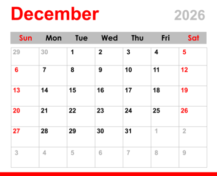 December 2026 calendar. Monthly calendar layout for December 2026. December calendar for 2026 isolated on transparent background.  - Powered by Adobe