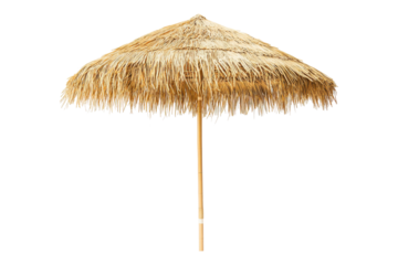 Tropical thatched umbrella isolated on transparent background. Straw beach umbrella isolated on white background.