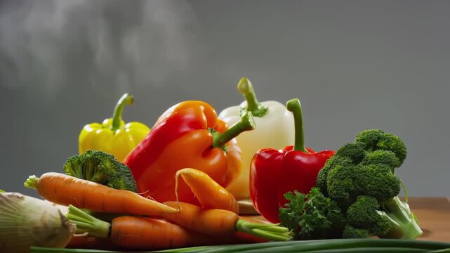 This video showcases an appetizing arrangement of fresh vegetables, including bell peppers, carrots, broccoli, and green onions, emphasizing their vibrant colors, textures, and natural appeal on a cle