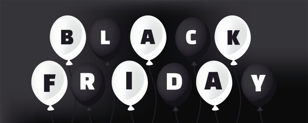 Black Friday balloons vector banner. Balloons with Black Friday text, festive decoration for sale, discount, and shopping promotion