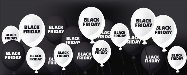 Black Friday balloons vector banner. Balloons with Black Friday text, festive decoration for sale, discount, and shopping promotion