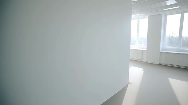This video shows a spacious, sunlit empty room with white walls and large windows, highlighting minimalist interior design, natural lighting, clean architectural lines, and the beauty of modern open s