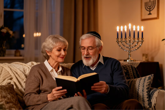 Elderly couple enjoying evening reading at home during hanukkah celebration