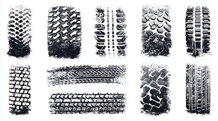 Collection of diverse black tire tracks footprints and marks isolated on a white background in vector format