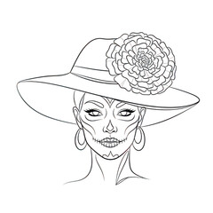 Line art drawing of a woman with sugar skull makeup wearing a widebrimmed hat adorned with a large flower, isolated on transparent background