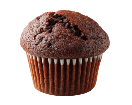 A delicious chocolate muffin with a paper liner on transparent background