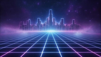 Retro cityscape skyline neon grid perspective digital future retro futurism syntheses aesthetic, Night city skyline in cyberspace with luminous grid, Modern dreamlike fantasy concept. - Powered by Adobe