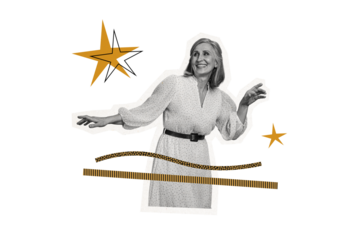 Composite photo collage of happy old woman dance pop star party relax movement enjoy atmosphere isolated on painted background