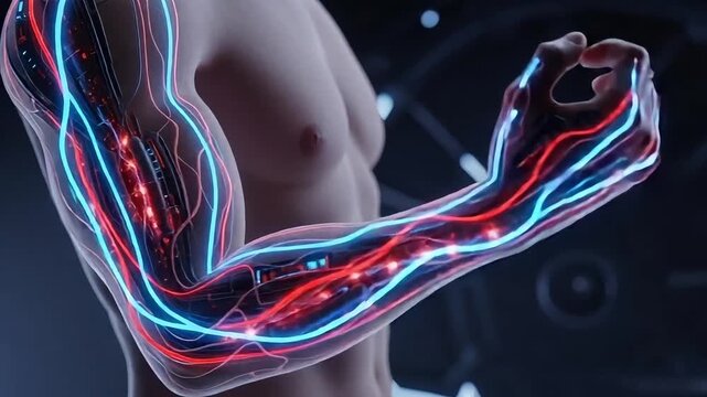 Muscular arm with glowing cybernetic enhancements shows power and innovation in a modern tech environment for future science and health solutions