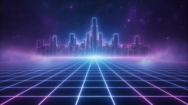 Retro cityscape skyline neon grid perspective digital future retro futurism syntheses aesthetic, Night city skyline in cyberspace with luminous grid, Modern dreamlike fantasy concept. - Powered by Adobe