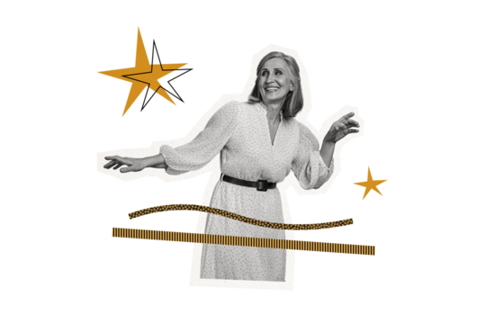 Composite photo collage of happy old woman dance pop star party relax movement enjoy atmosphere isolated on painted background