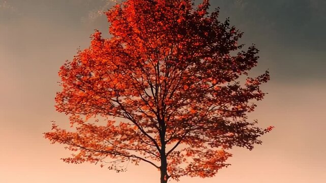 A solitary tree with vibrant red leaves against a soft gradient autumn sky